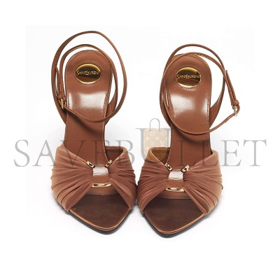YSL BROWN SATIN AND STRETCH FABRIC LOLA ANKLE STRAP SANDALS 